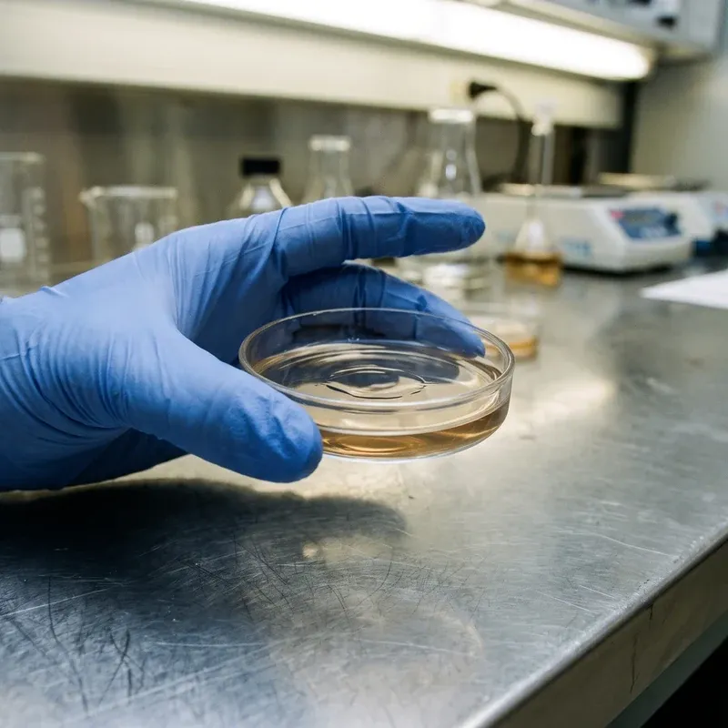 A gloved hand holding a small dish of liquid in a laboratory setting