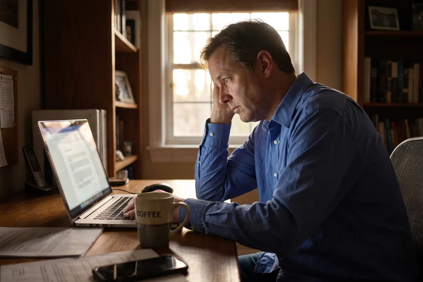 A person at a desk in the late afternoon, head resting on one hand