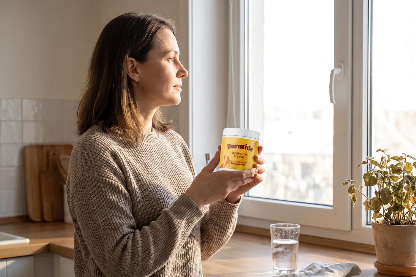 A person holding a supplement jar at a kitchen counter in morning light